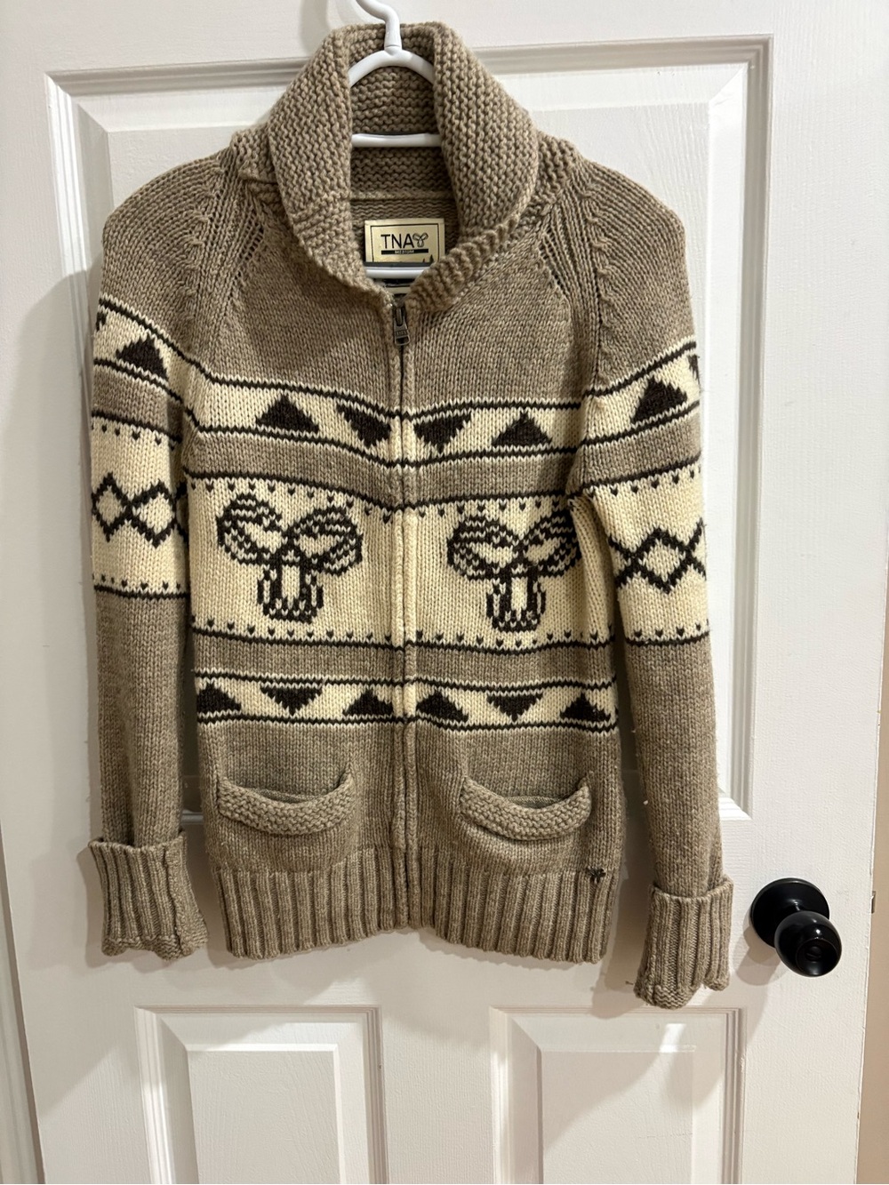 TNA Taupe and Cream Shawl Collar Zip Cardigan with Geometric Pattern